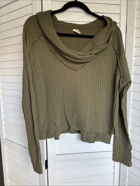 We The Free Olive Waffle Knit Cowl Neck Sweater